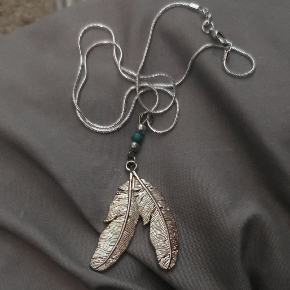 Silver & Turqupise Handmade Feather Pendant Necklace - Women's Jewelry 16 Inch